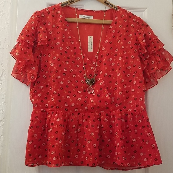 MADEWELL Tiered Sleeved Red Peplum Top In Metallic Prairie Posies NEW - Picture 6 of 9